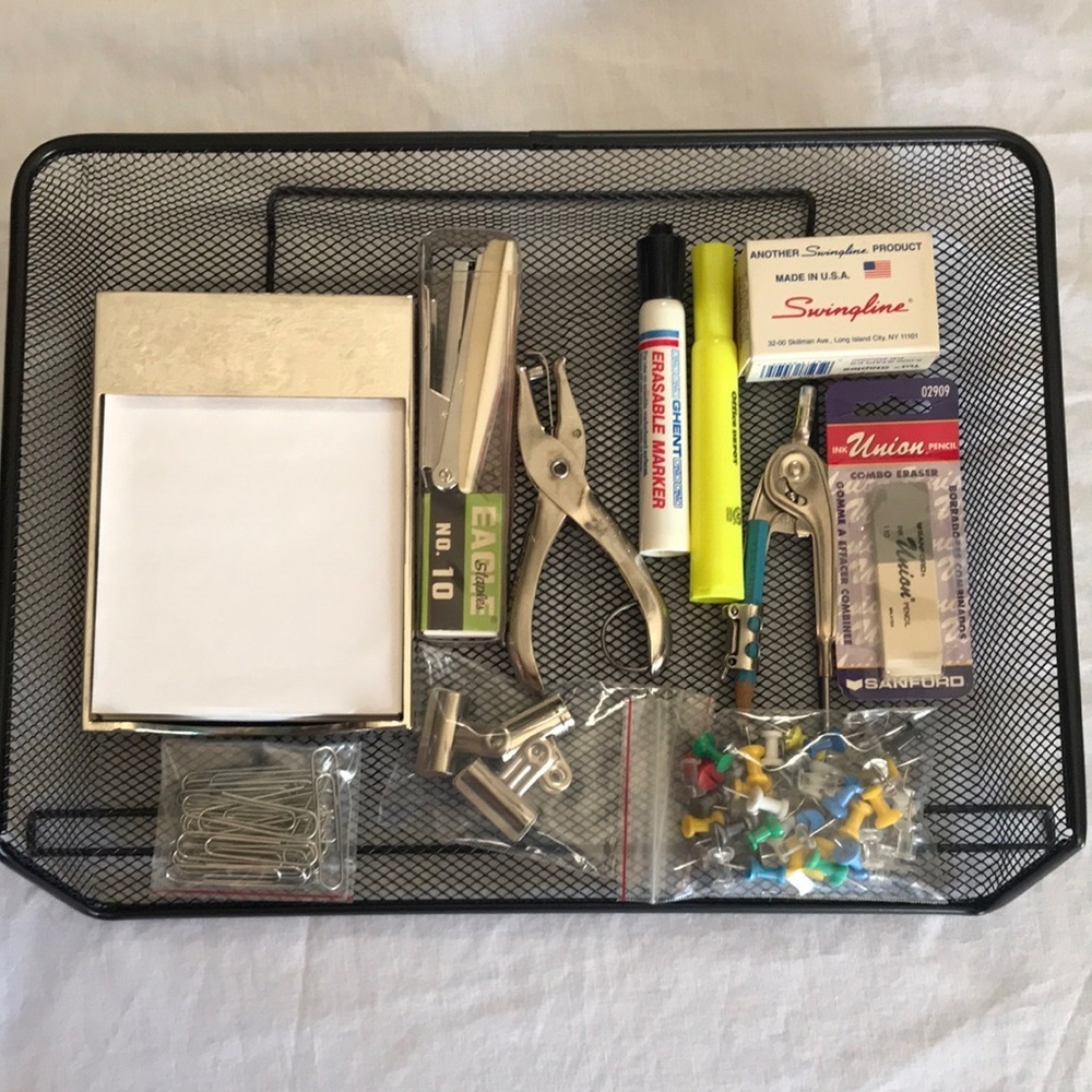 Mesh letter tray and various office supplies